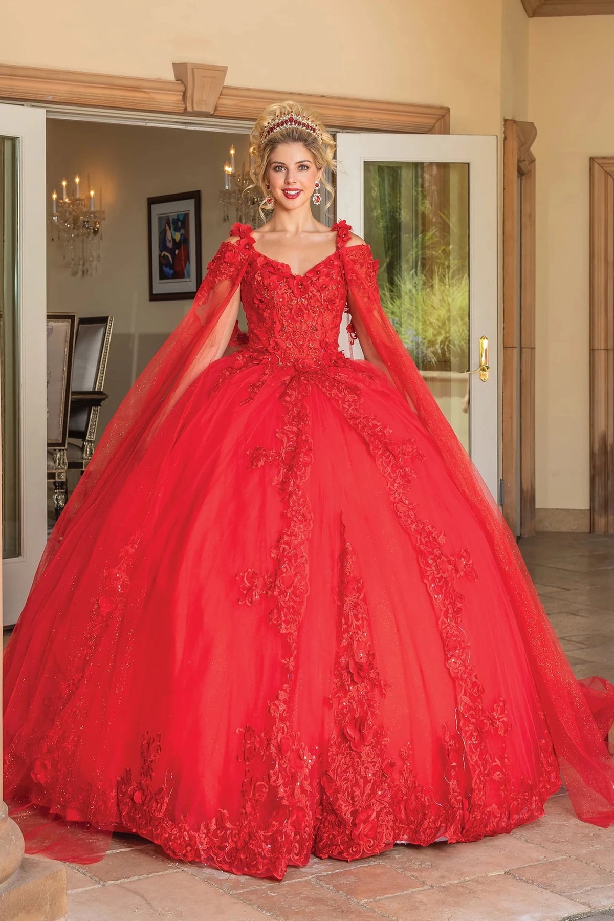 Additional full-length view of a Red quinceañera gown highlighting voluminous full skirt and embroidered lace