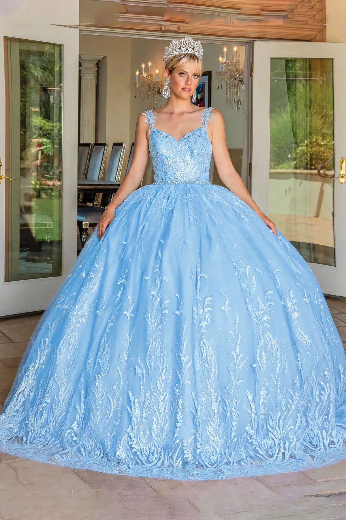 Blue embroidered overlay quinceanera dress, full front view