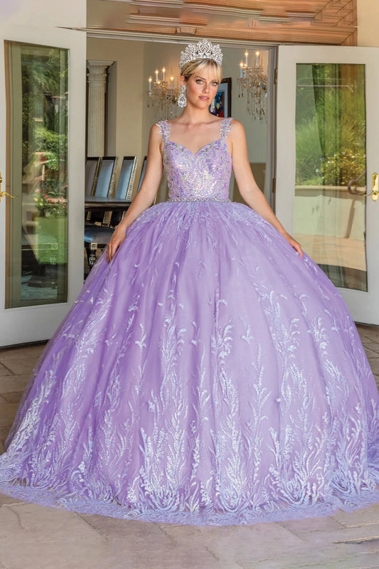 a voluminous lavender ball gown with floral embroidery