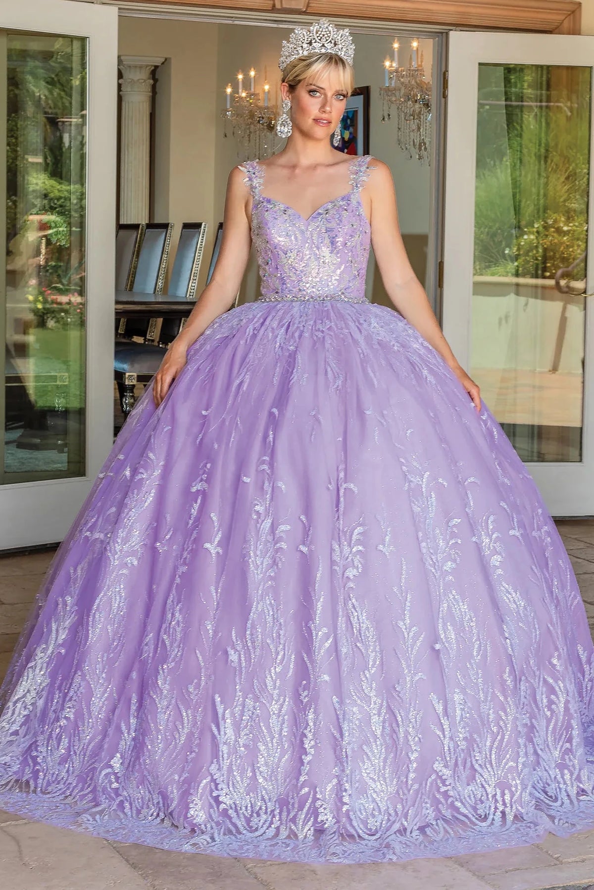 Front view of a Lilac quinceañera gown with beaded bodice