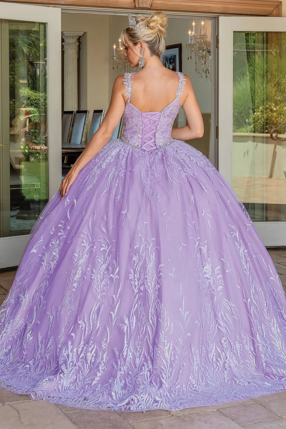Rear view of a Lilac quinceañera gown showing lace-up back