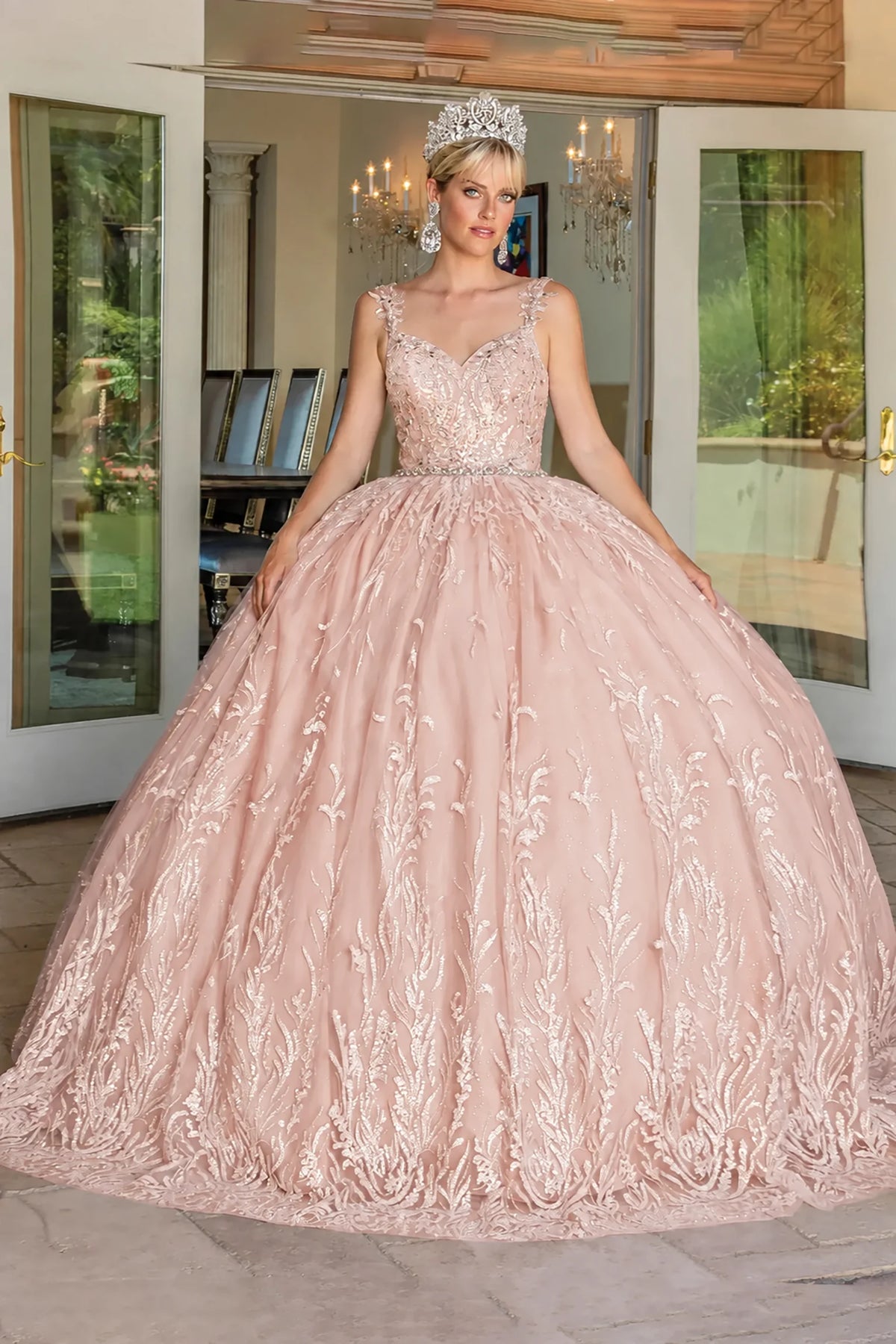 Rose Gold embroidered overlay quinceanera dress, full front view