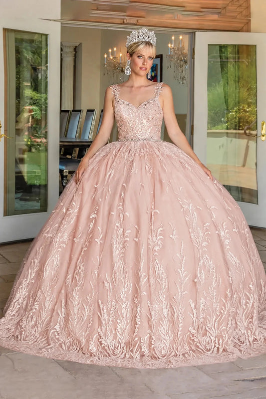 Full-length view highlights rose Gold embroidered overlay quinceanera dress,.