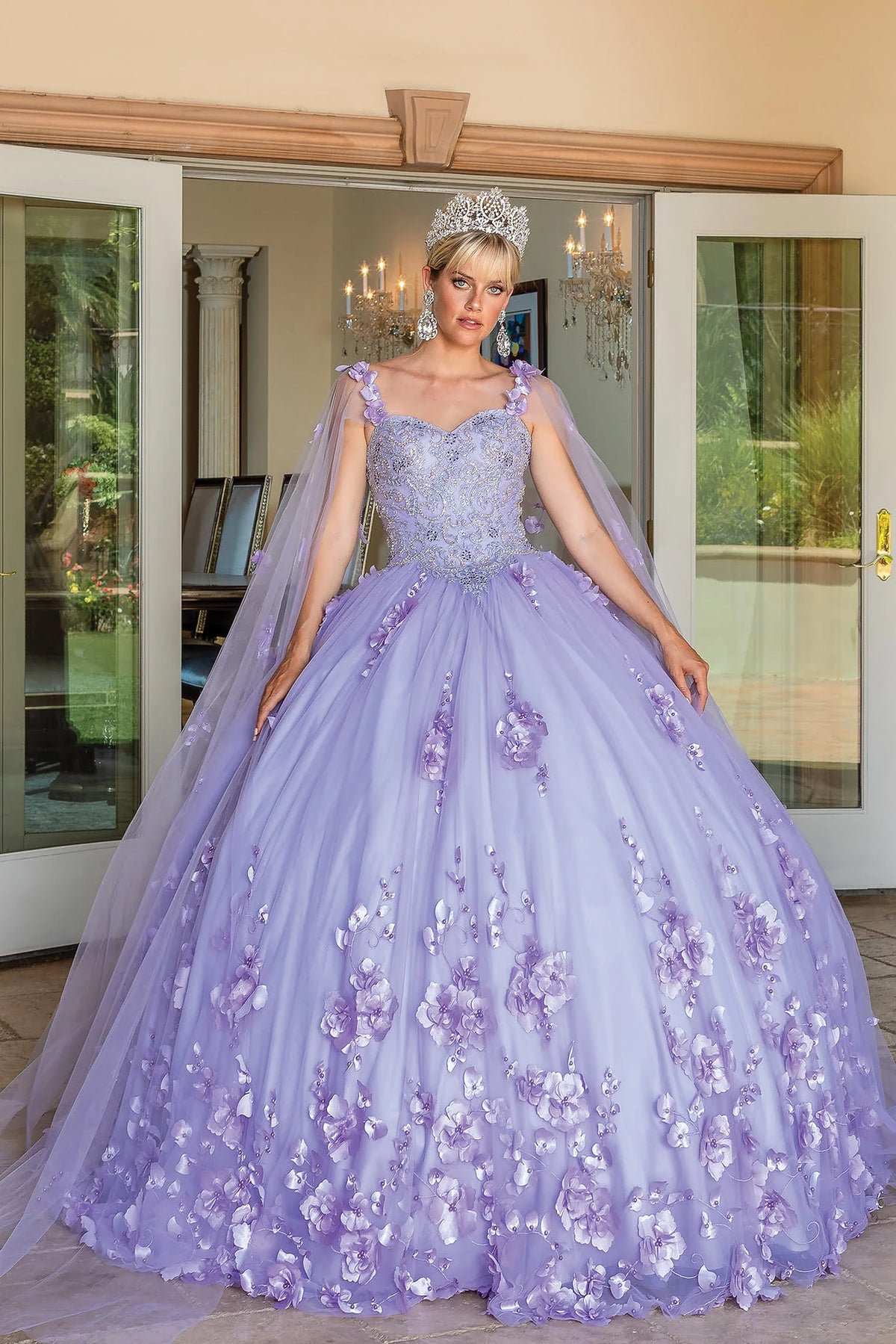 Full-length front view of a Lilac quinceañera gown with floral embroidery