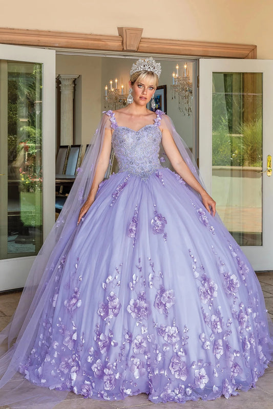 Full-length front view of a Lilac quinceañera gown with floral embroidery