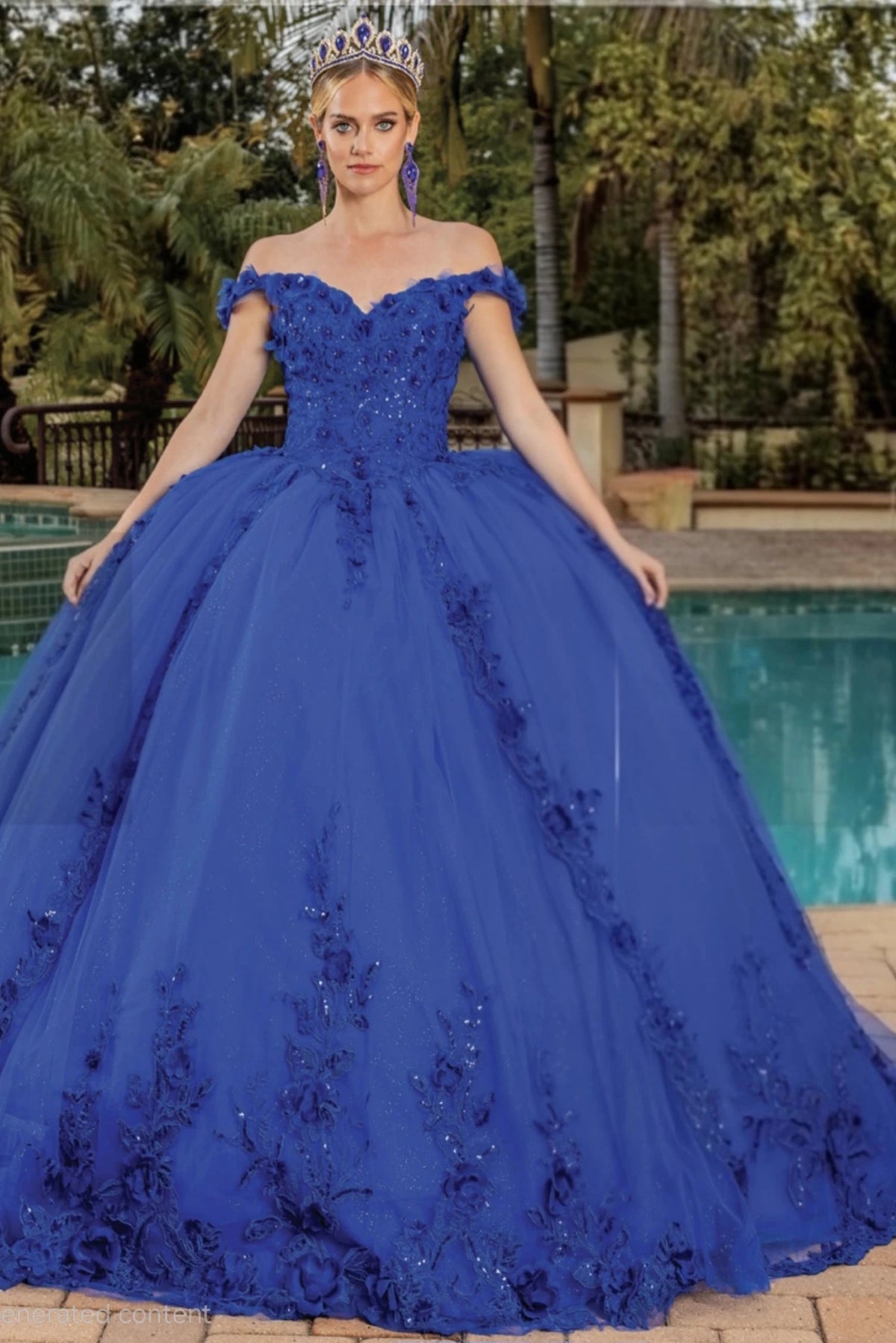 Front view of a Royal Blue quinceañera gown with off-the-shoulder neckline and floral embroidery