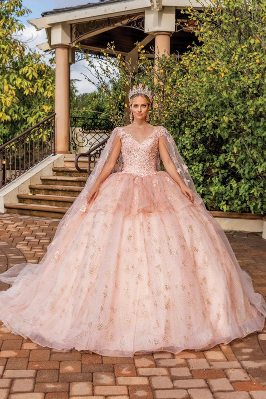 Front view of a Rose Gold quinceañera gown with floral appliqués