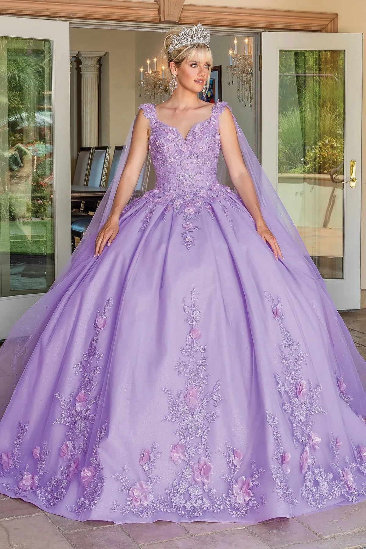 Front view of a Lilac quinceañera gown with sheer sleeves, beaded bodice, and lace appliqués