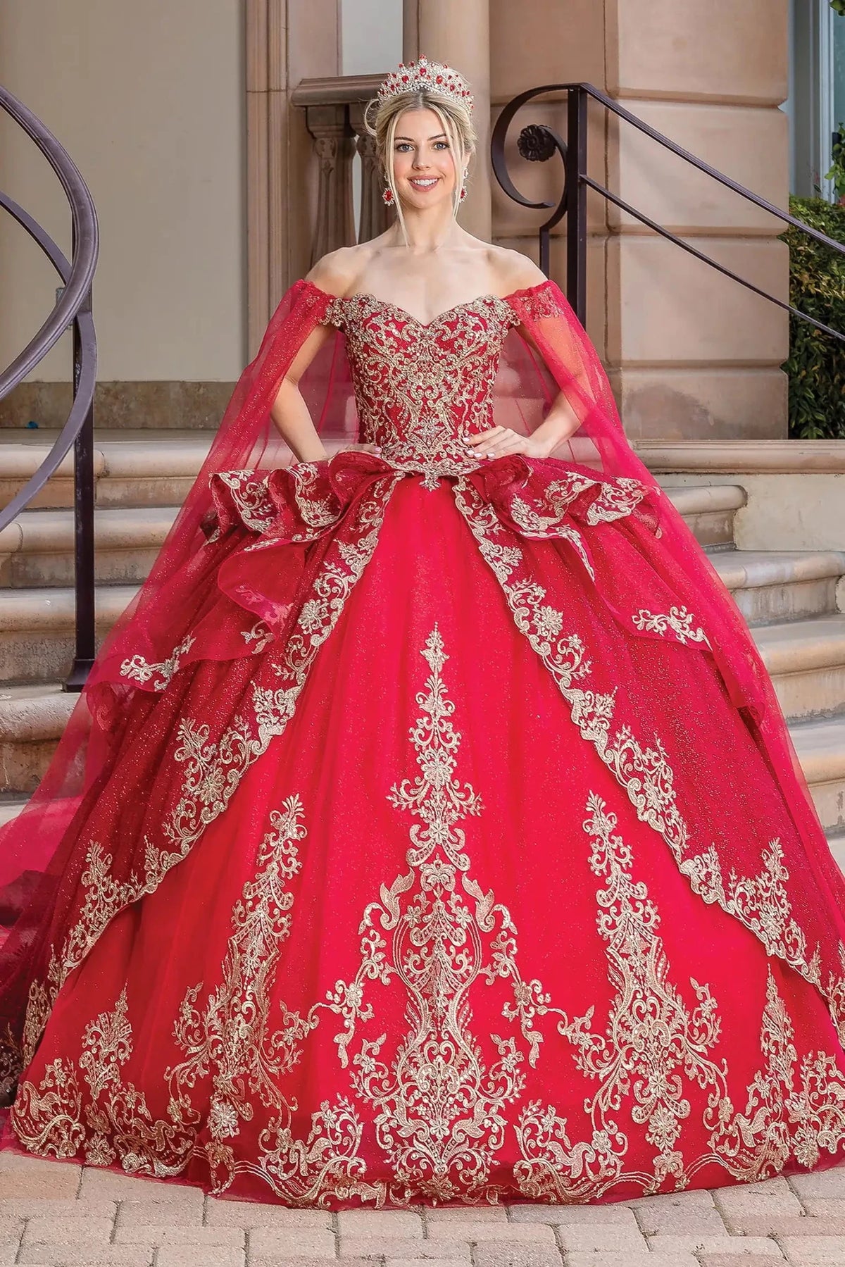 Front view of a Burgundy quinceañera gown with off-the-shoulder neckline, ornate bodice, and voluminous full skirt