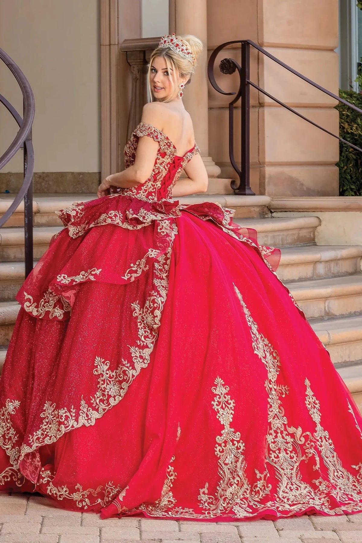 Additional full-length view of a Burgundy quinceañera gown highlighting voluminous full skirt, matching stole, and off-the-shoulder neckline