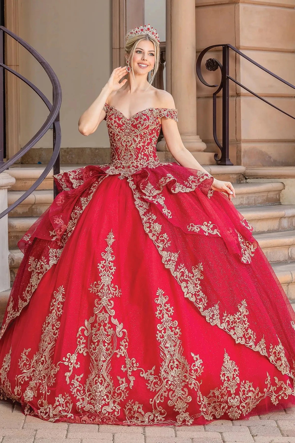 Alternate full-length view of a Burgundy quinceañera gown highlighting voluminous full skirt, matching stole, and off-the-shoulder neckline
