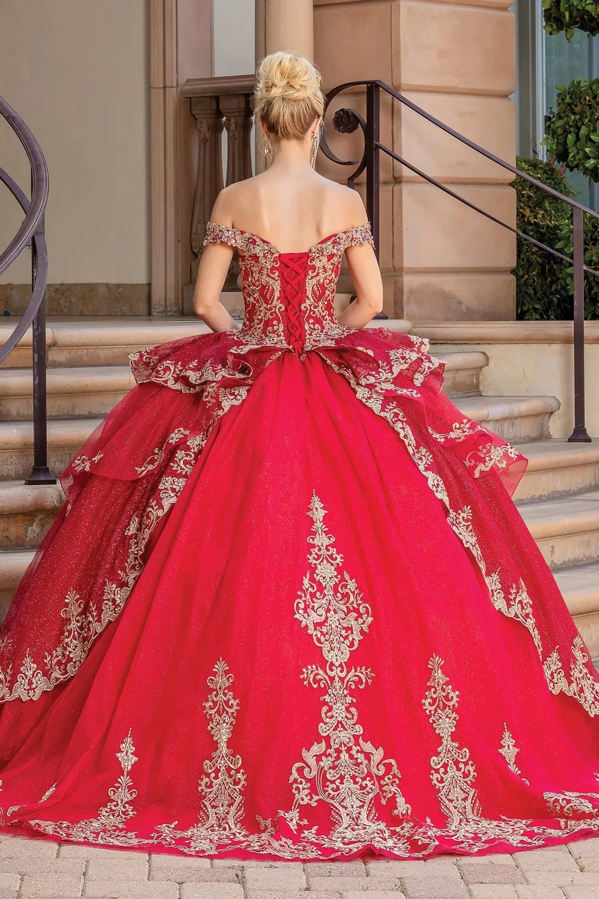 Second alternate full-length view of a Burgundy quinceañera gown highlighting voluminous full skirt, matching stole, and off-the-shoulder neckline