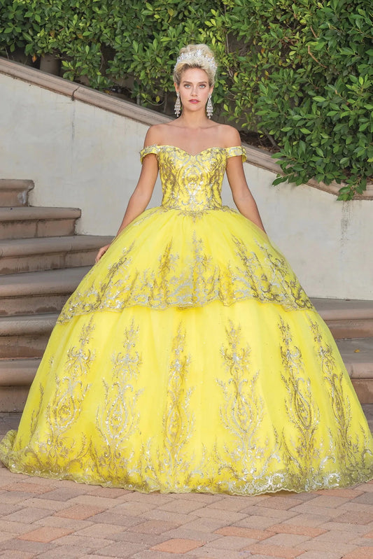Front view of a Yellow quinceañera gown with off-the-shoulder neckline and voluminous full skirt