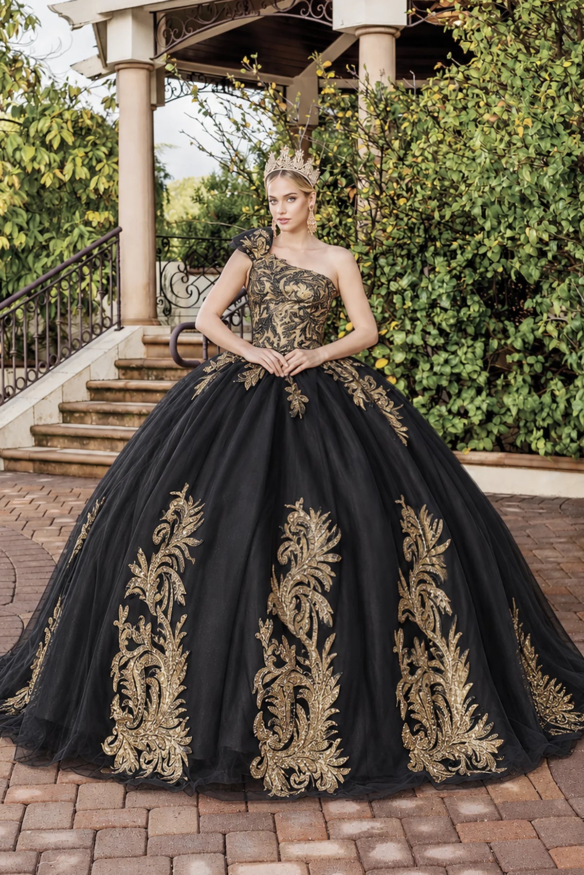 Black embroidered quinceanera dress, full front view