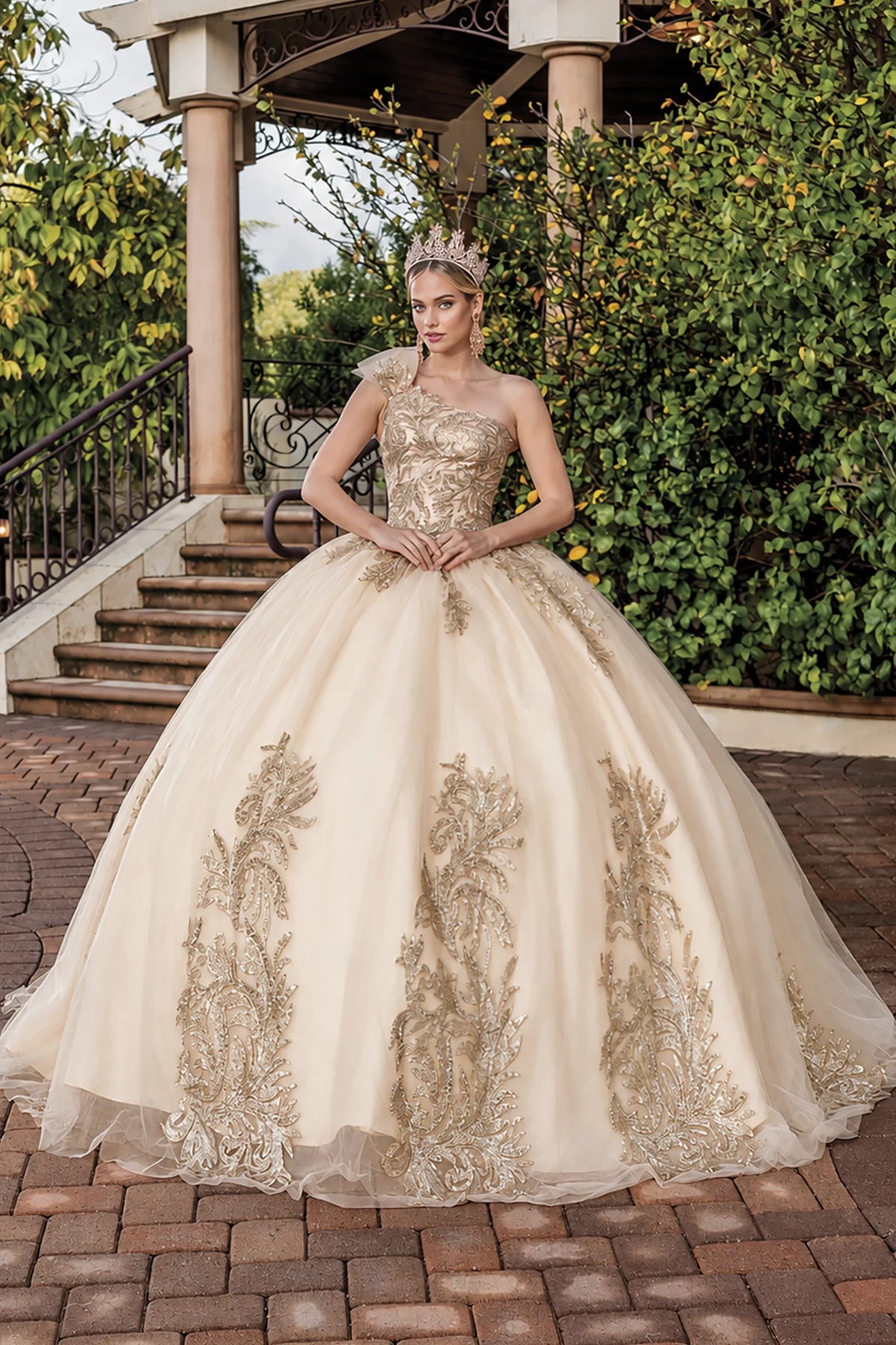 Champagne embroidered quinceanera dress, full front view