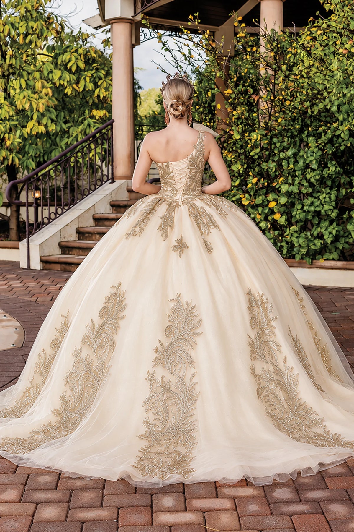 Champagne embroidered quinceanera dress, back view with lace-up closure