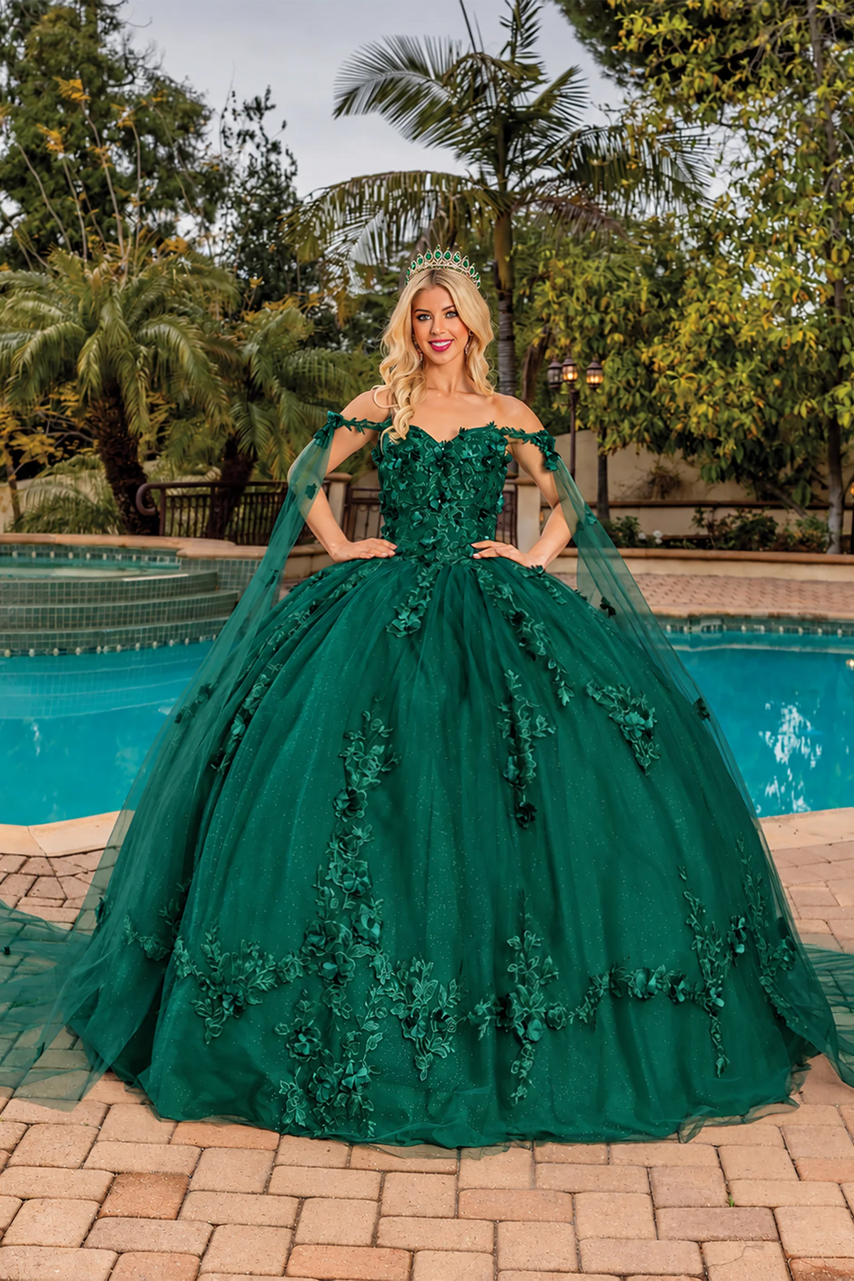 Hunter Green floral appliqué quinceanera dress, full front view