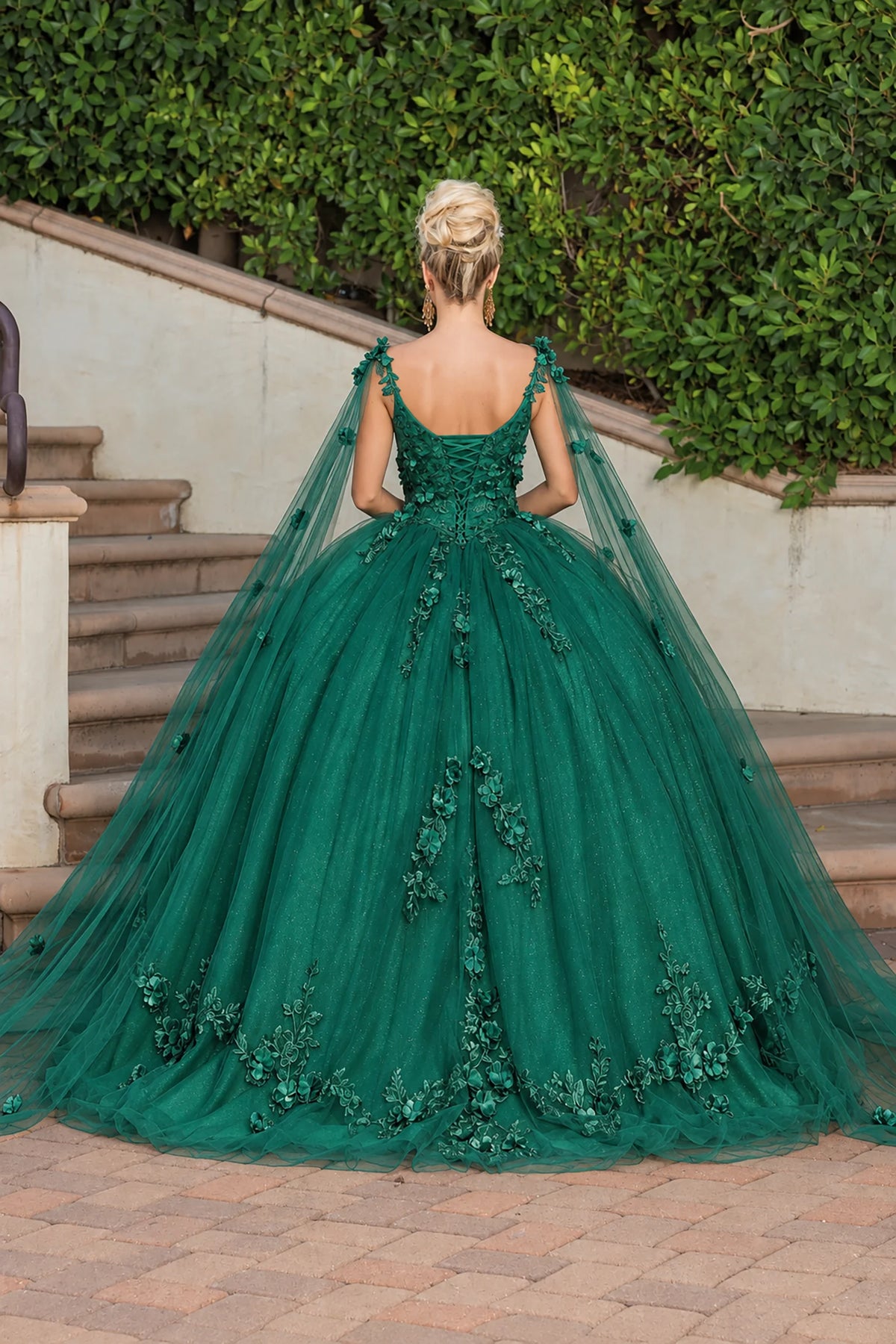 Hunter Green floral appliqué quinceanera dress, back view with lace-up closure
