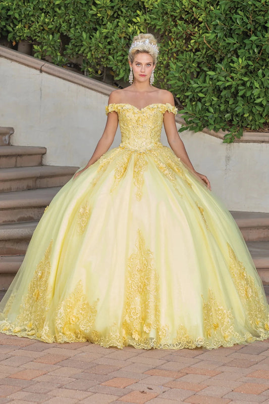 Featuring a floor-length skirt, this Yellow quinceañera ball gown is shown in full view.