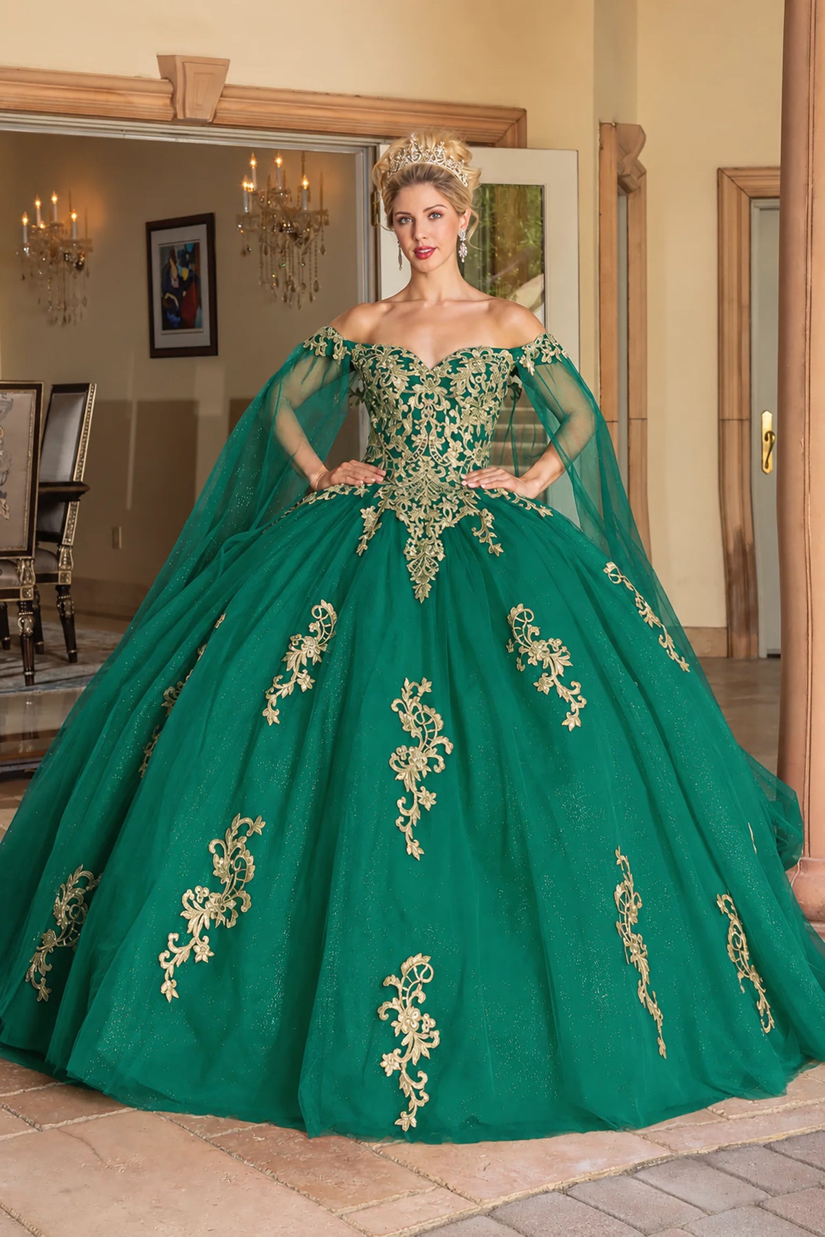 Hunter Green floral embroidered quinceanera dress, full front view