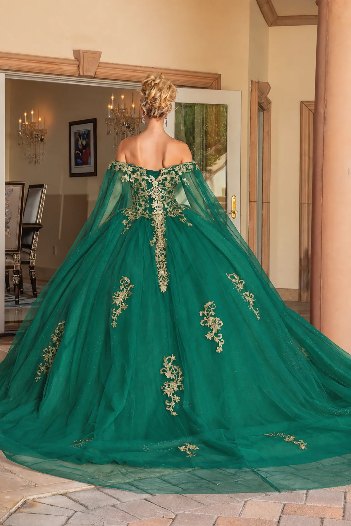 Hunter Green floral embroidered quinceanera dress, back view with lace-up closure