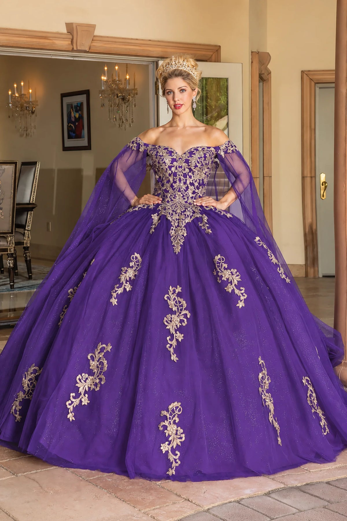 Purple floral embroidered quinceanera dress, full front view
