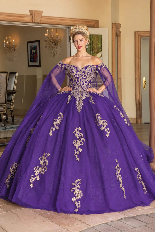 Purple floral embroidered quinceanera dress, full front view