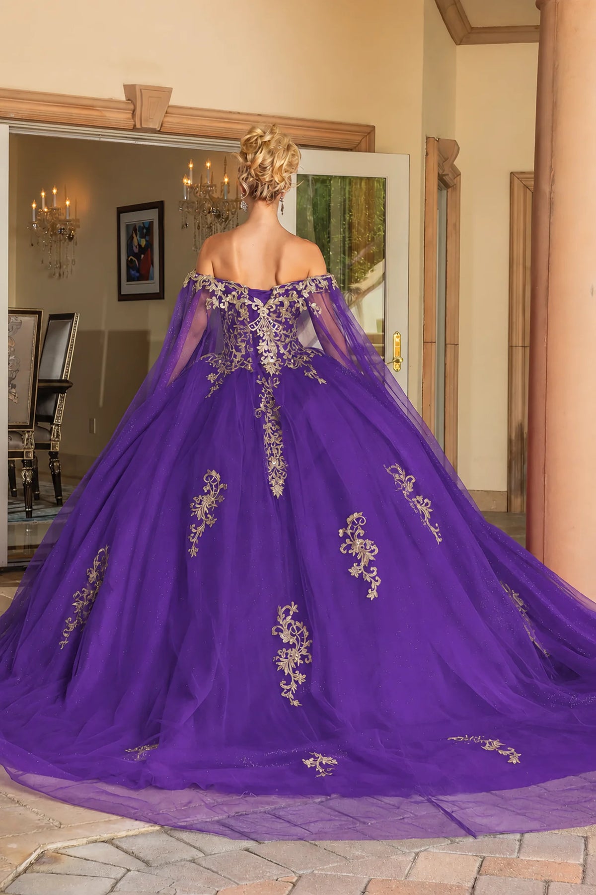 Purple floral embroidered quinceanera dress, back view with lace-up closure