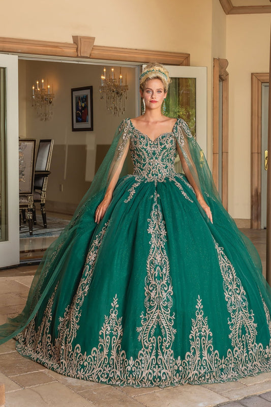 Hunter Green Regal Embroidered Bodice Ballgown with Sheer Sleeves and Majestic Tiara Dress - front view of woman wearing dress
