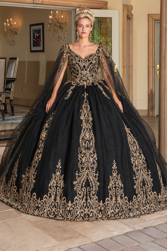 Black gold embroidered quinceanera dress, full front view