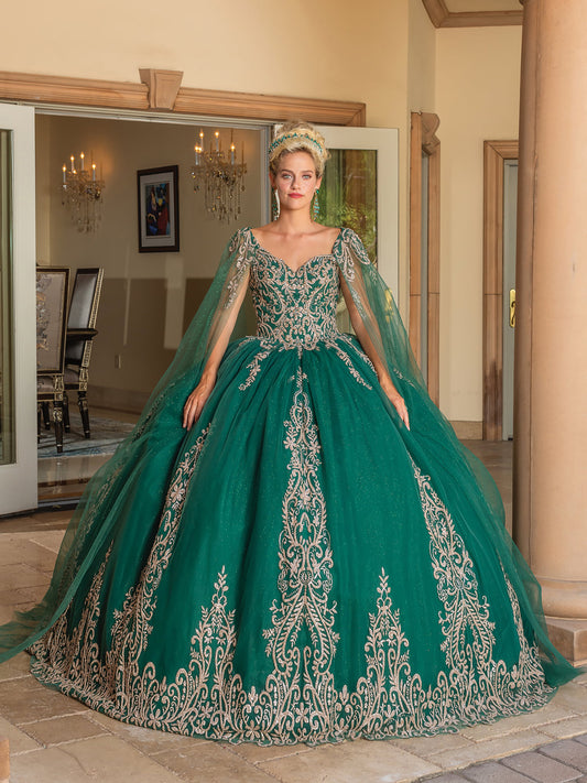 Hunter Green Regal Embroidered Bodice Ballgown with Sheer Sleeves and Majestic Tiara Dress - front view of woman wearing dress