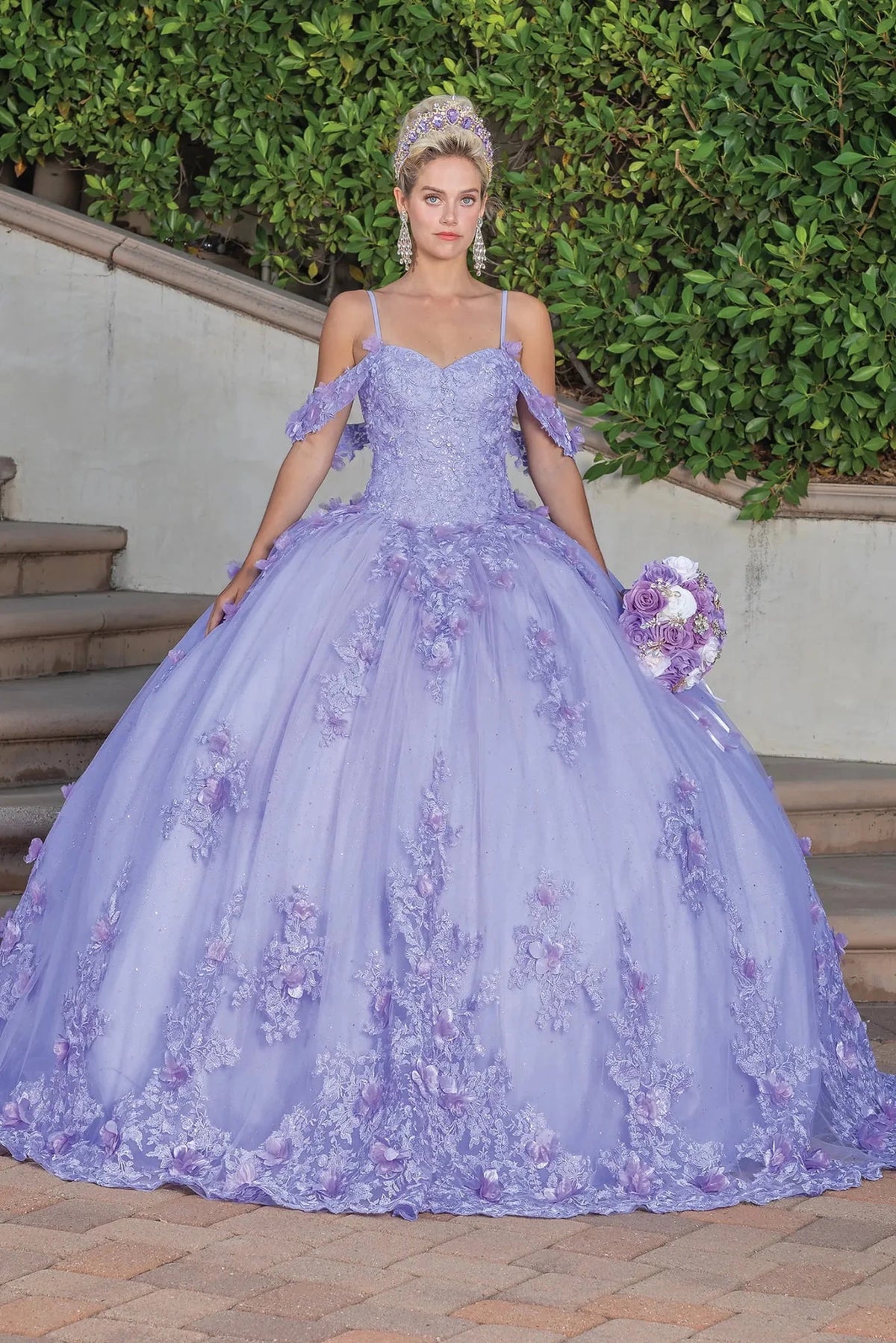 Front view of a Lilac quinceañera gown with off-the-shoulder neckline and floral appliqués