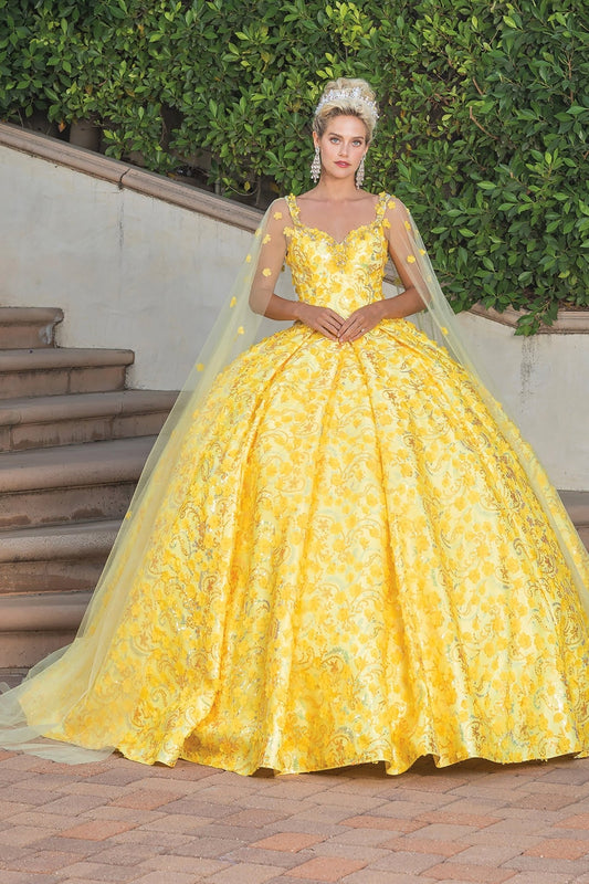 Yellow Embellished Bodice Ballgown with Sheer Overlay and Floral Appliqués Quince dress - front view of woman wearing dress