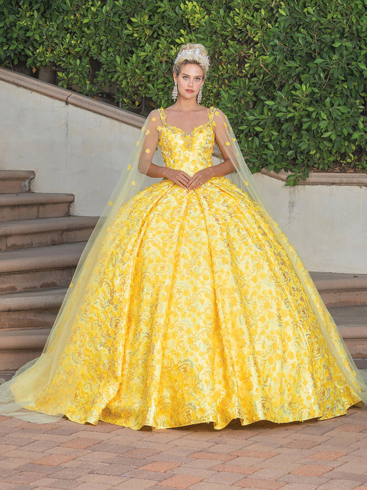 Yellow Embellished Bodice Ballgown with Sheer Overlay and Floral Appliqués Quince dress - front view of woman wearing dress