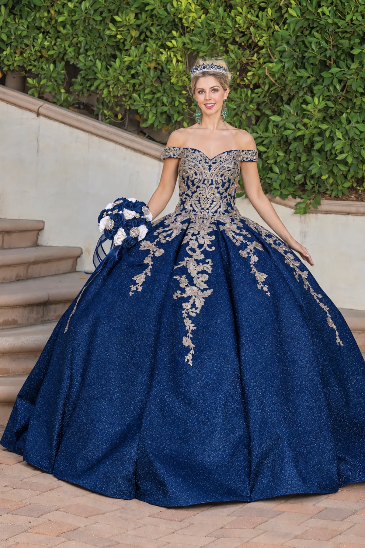 Navy glitter appliqué quinceanera dress, full front view