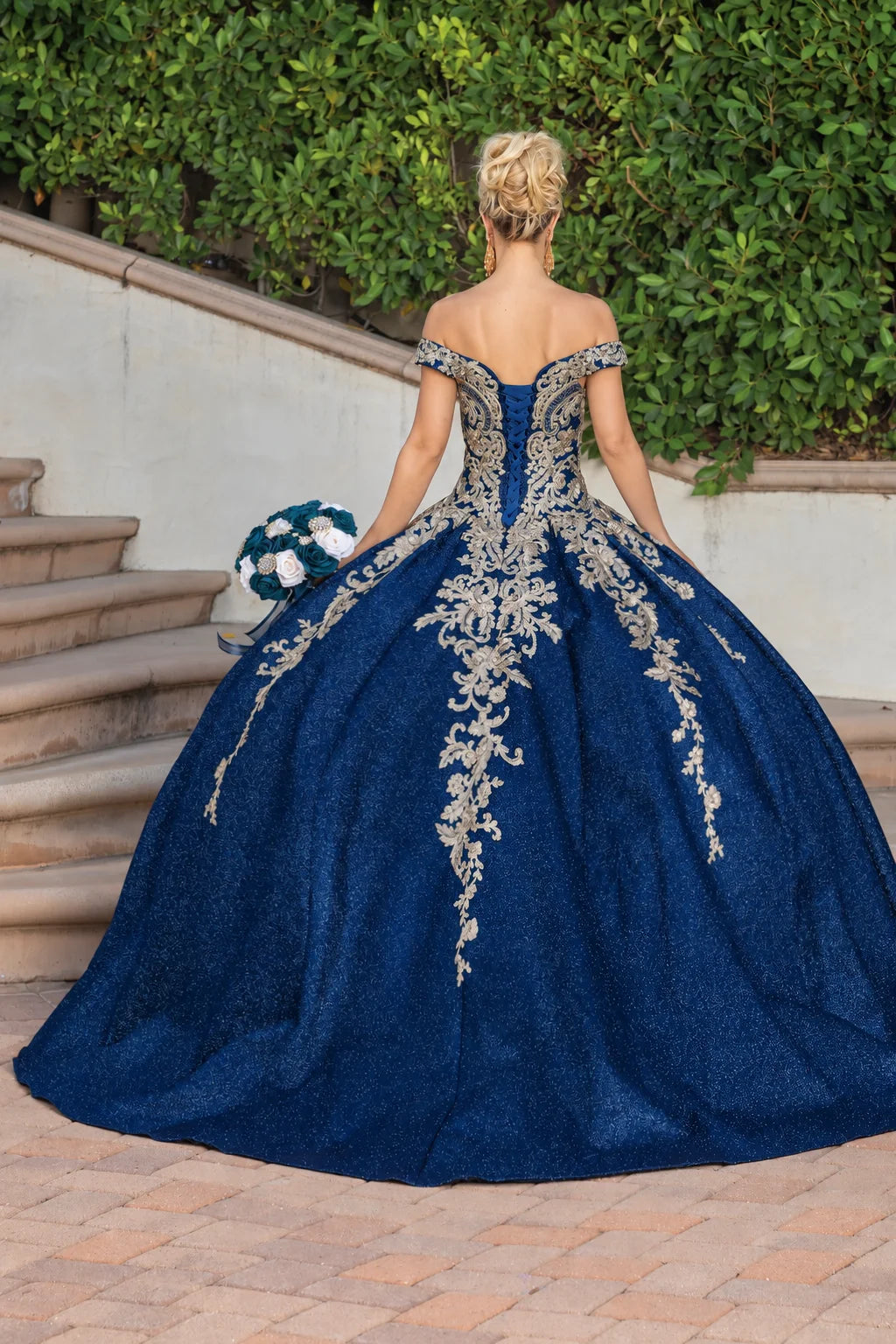 Navy glitter appliqué quinceanera dress, back view with lace-up closure