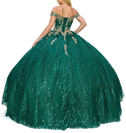 Hunter Green Quinceanera | Strapless Sweetheart Neckline and Lace-up Glittering Corset Quince ballgown - back view of woman wearing dress