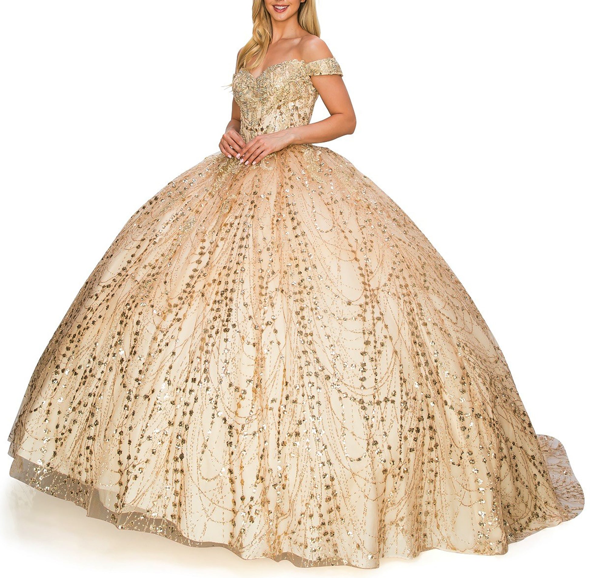 Champagne Quinceanera | Strapless Sweetheart Neckline and Lace-up Glittering Corset Quince ballgown - front view of woman wearing dress with hands clasped in the front