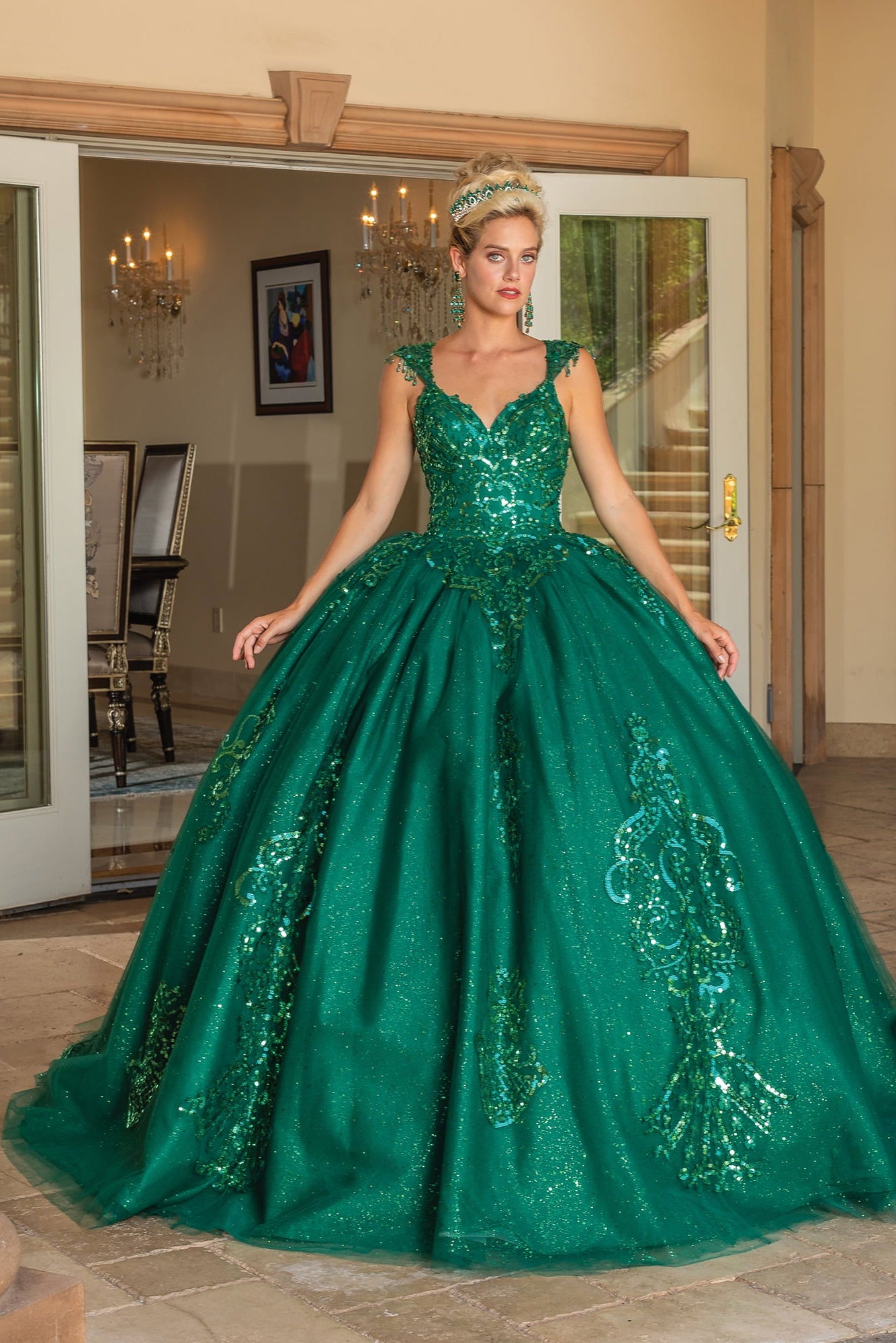 Hunter Green Beaded Lace Bodice Keyhole Back Ballgown with Full Tulle Skirt Quince dress - front view of woman wearing dress