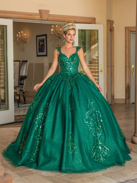 Hunter Green Beaded Lace Bodice Keyhole Back Ballgown with Full Tulle Skirt Quince dress - front view of woman wearing dress