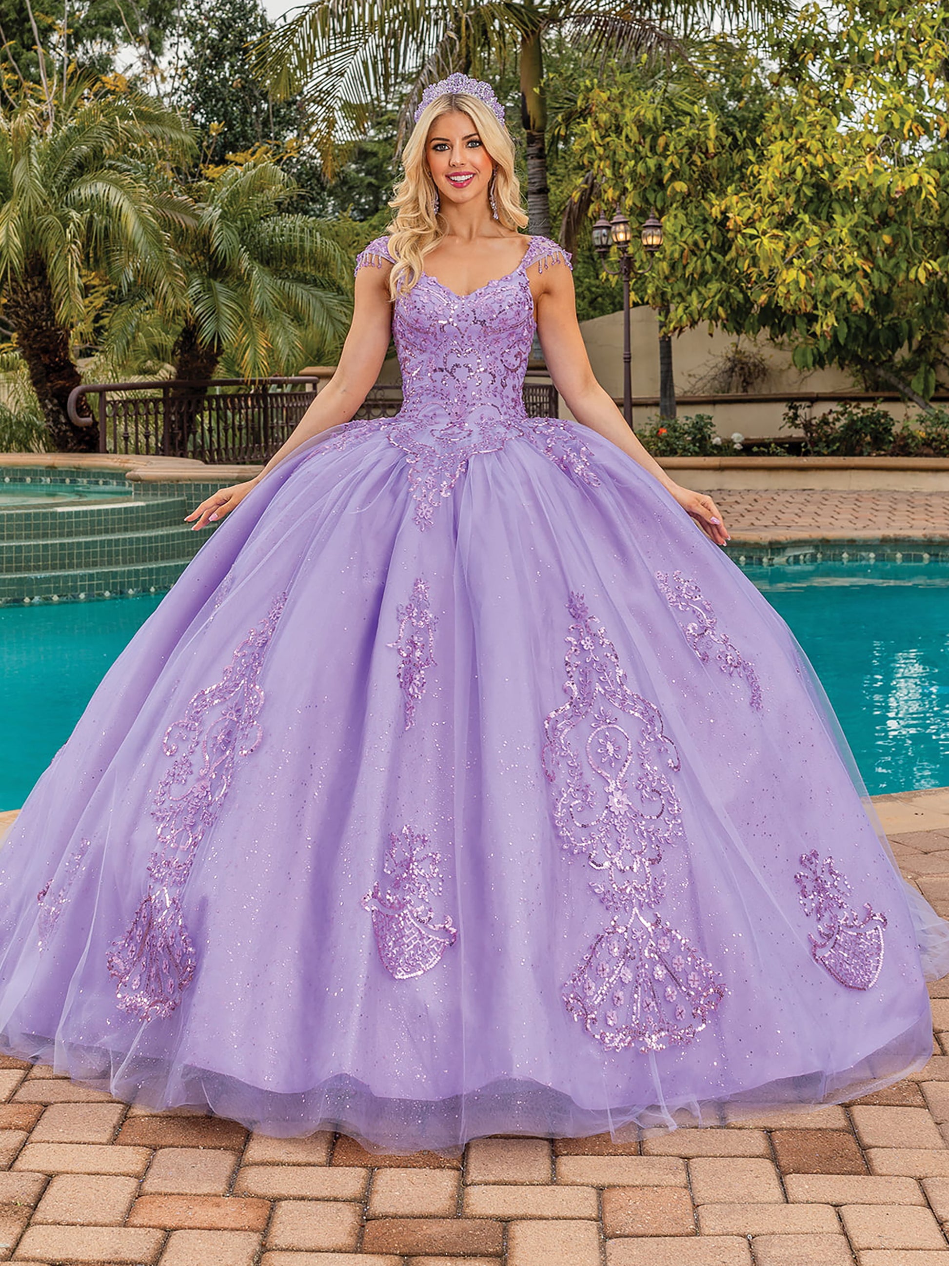 Lilac Beaded Lace Bodice Keyhole Back Ballgown with Full Tulle Skirt Quince dress - front view of woman wearing dress