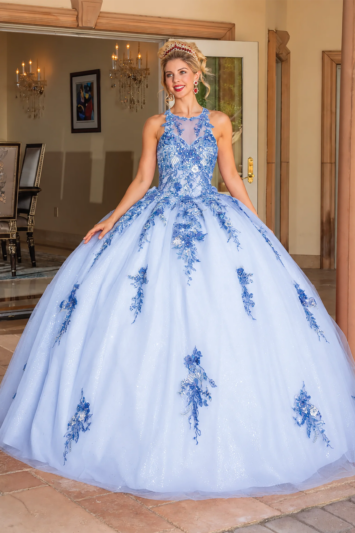 Blue floral appliqué quinceanera dress, full front view