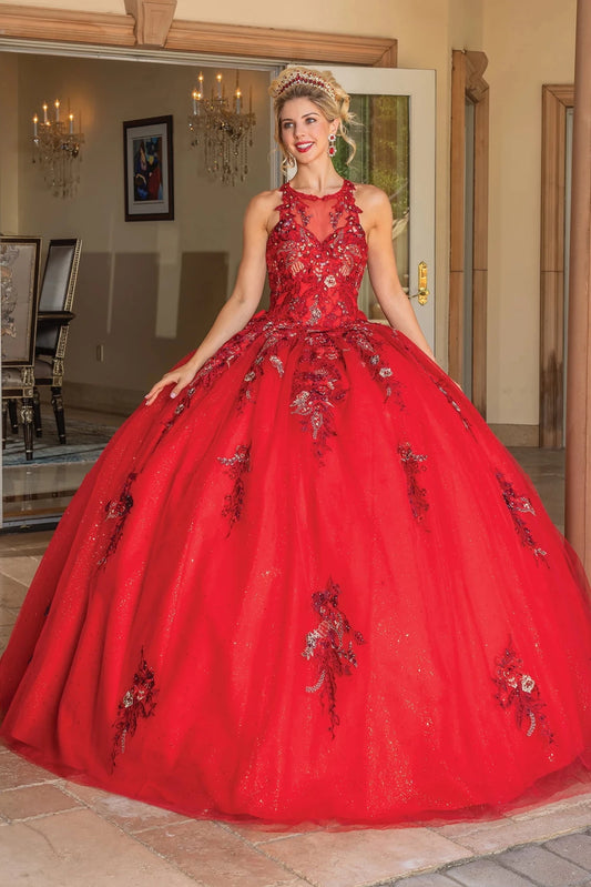 Front view of a Red quinceañera gown with floral embroidery and ruffled layered skirt