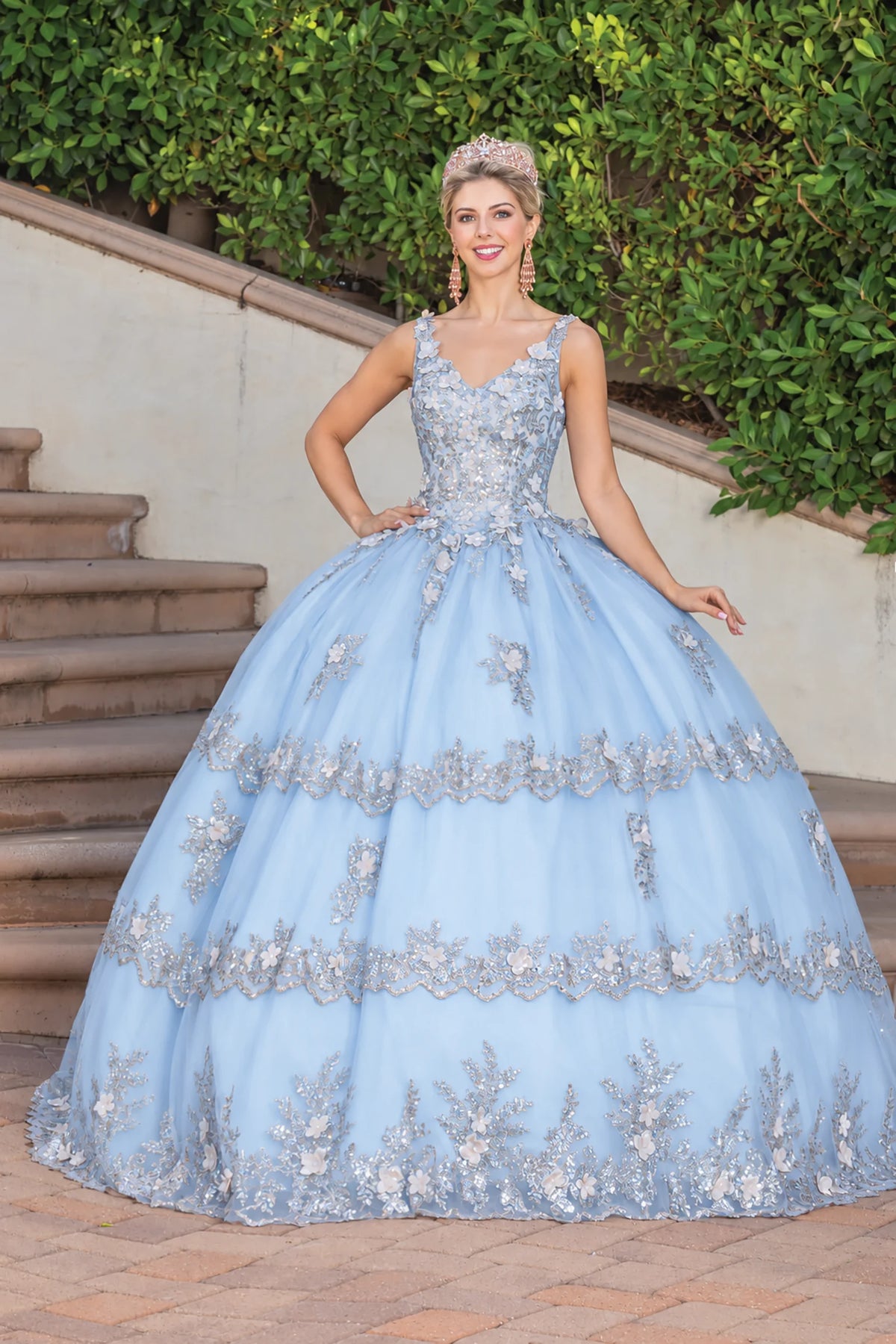 Blue floral appliqué quinceanera dress, full front view