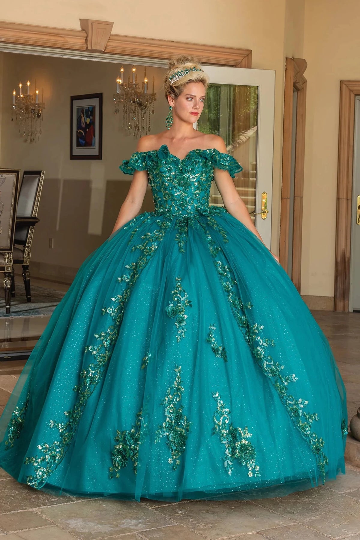 Front view of a Hunter Green quinceañera gown with off-the-shoulder neckline