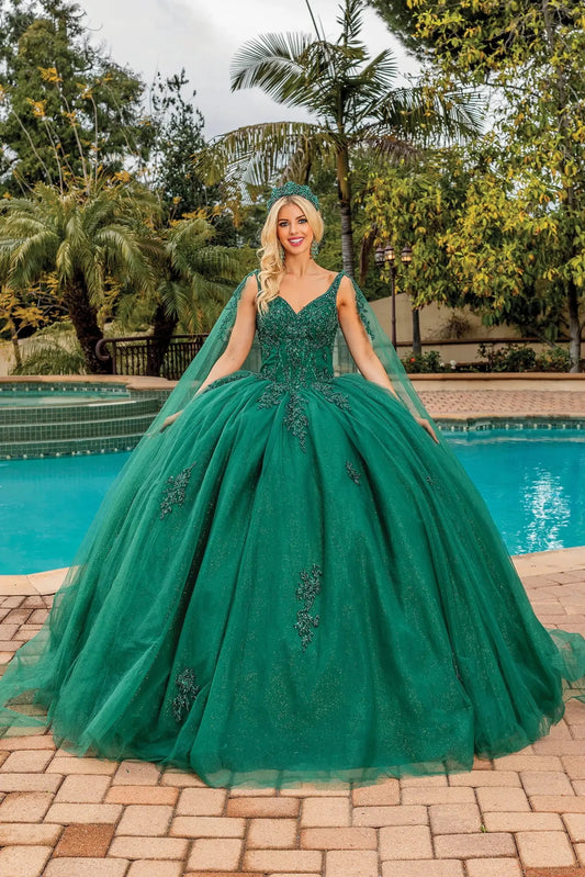 Front view of a Hunter Green quinceañera gown with V-neckline, beaded bodice, and beaded embroidery