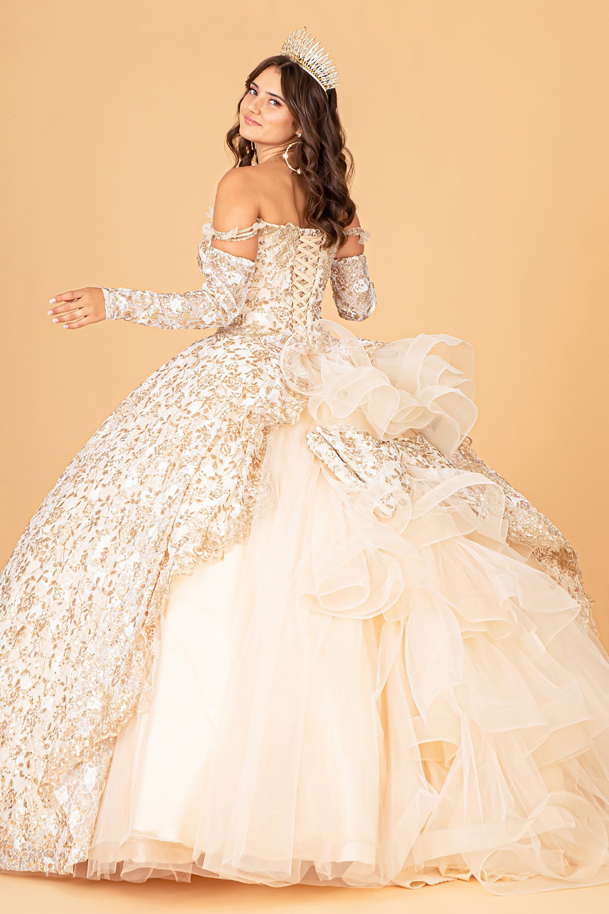 American Stride Quinceanera Champagne Mesh Quince Dress with Detachable Long Sleeves Detachable Ribbon Ruffled Train Quince Dress Ballgown Plus Size Available