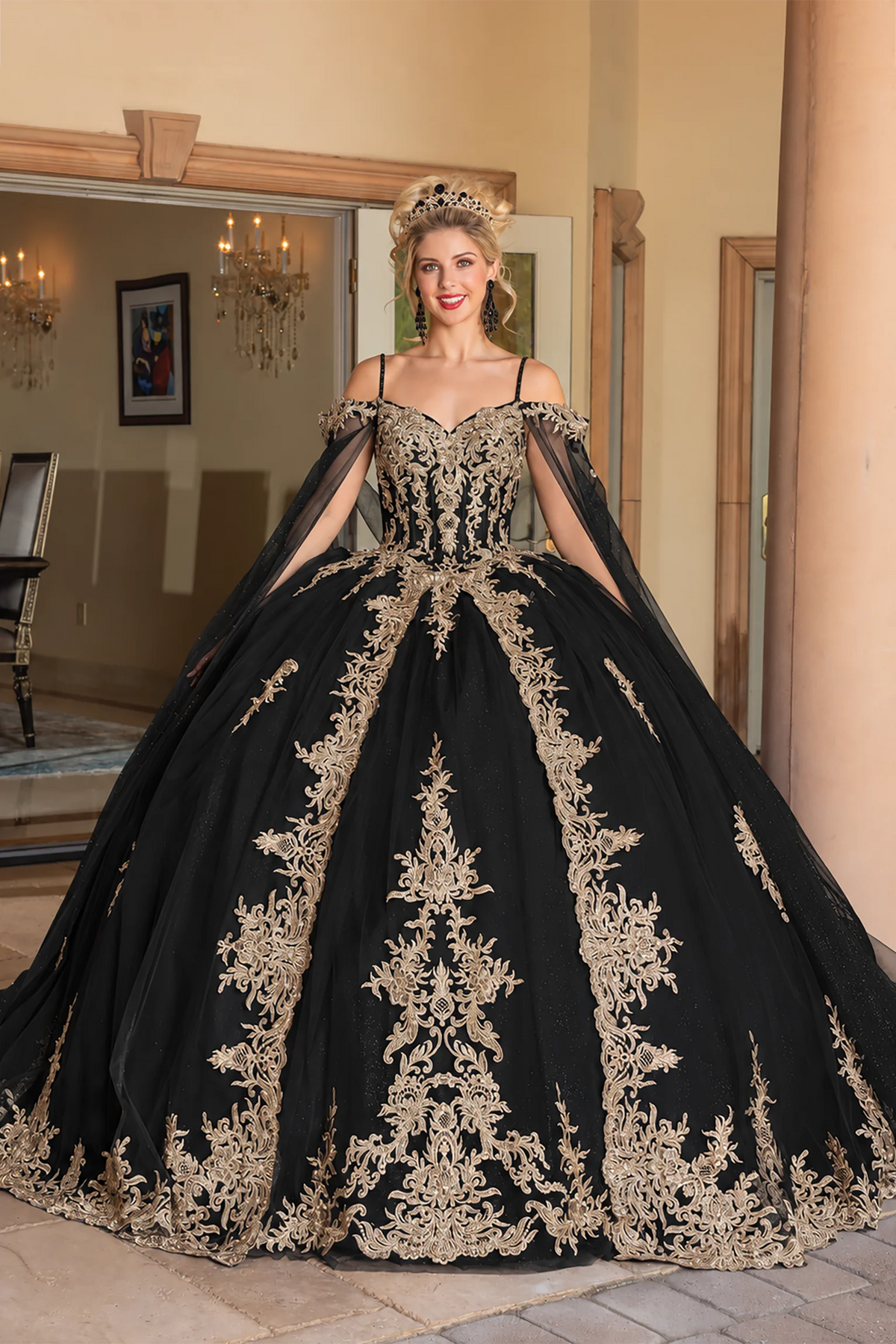 Black gold embroidered quinceanera dress, full front view