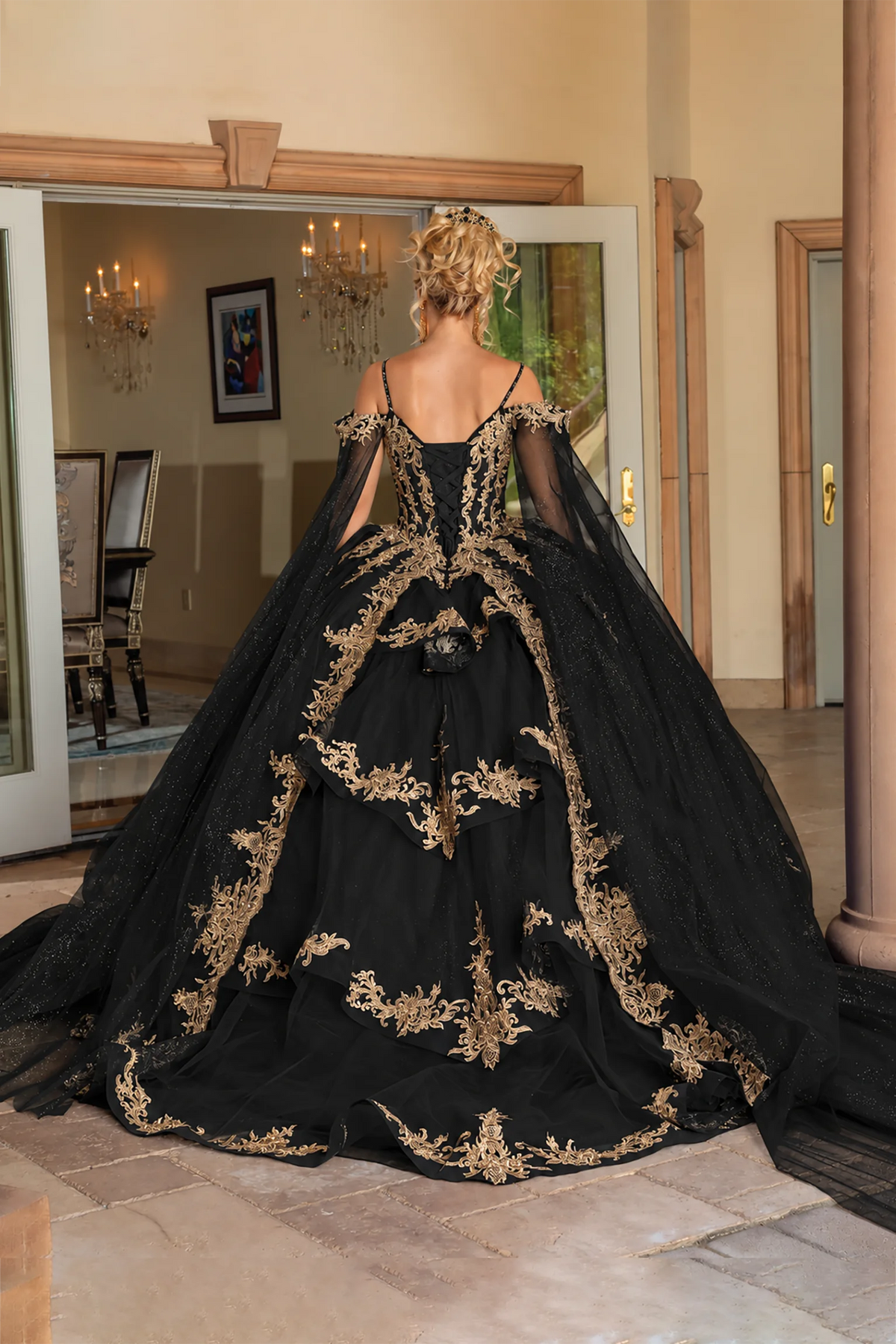 Black gold embroidered quinceanera dress, back view with lace-up closure