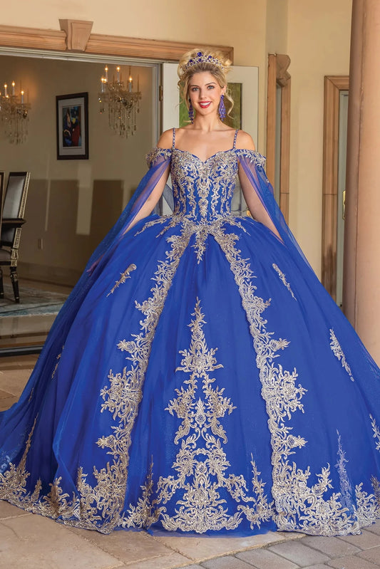 Front view of a Royal Blue quinceañera gown with off-the-shoulder neckline and crystal accents